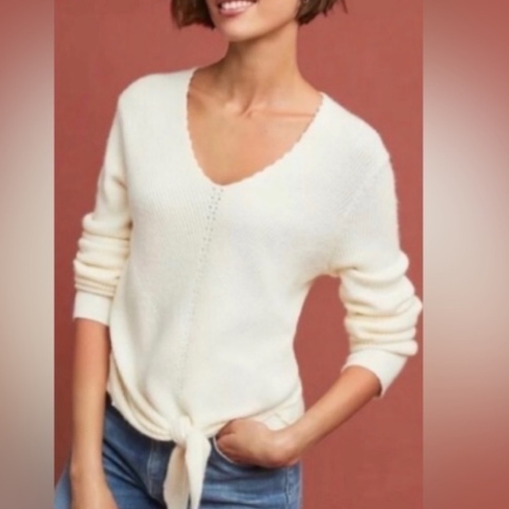 Anthropologie Moth Cream Freeport Vneck Tie Front Sweater Size Small
